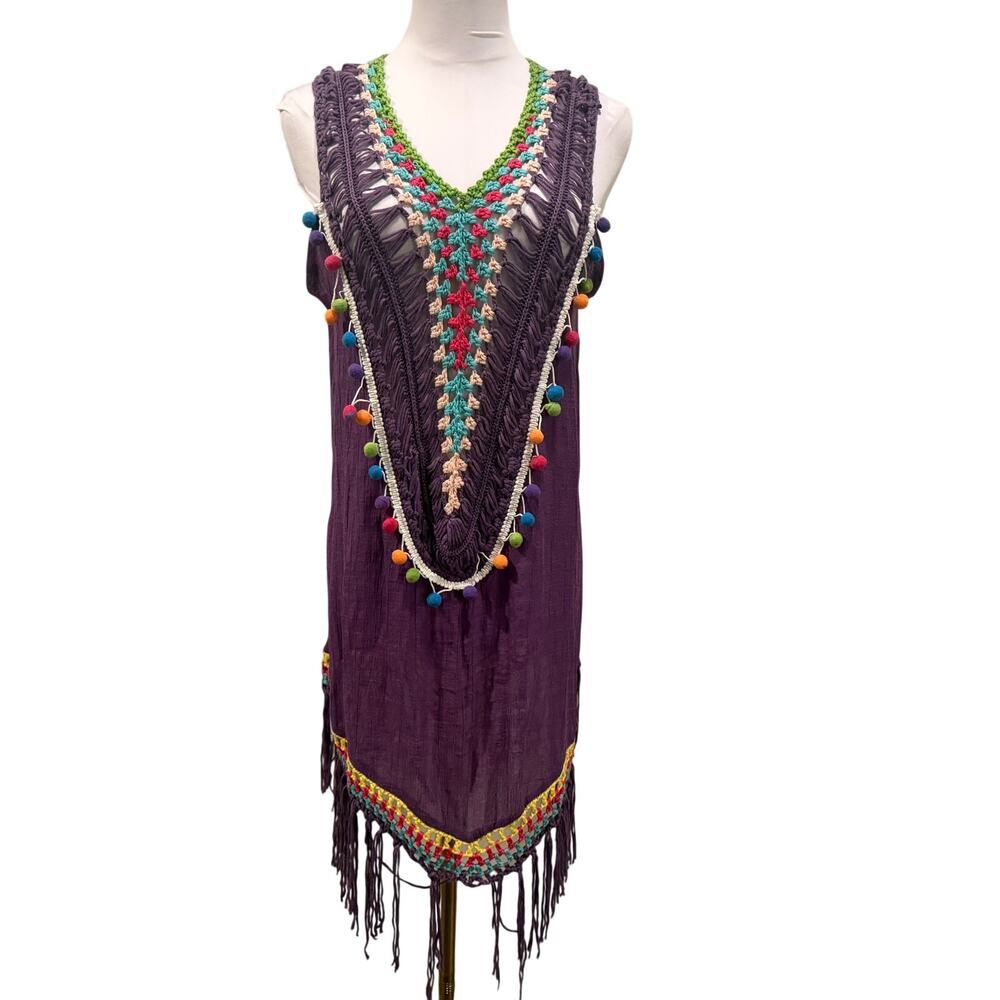 ASHA Purple Boho Fringe Embroidered Festival Mini Dress Pom Pom Crochet Coachela